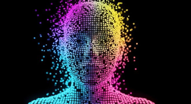 Digital human face disintegrating into data pixels. Artificial intelligence and loss of identity. A human head model dissolving into a cloud of glowing square particles