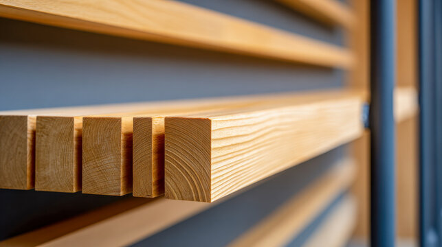 Pattern of parallel wooden slats with smooth finish arranged in close proximity creating a warm and textured architectural design element in natural tones