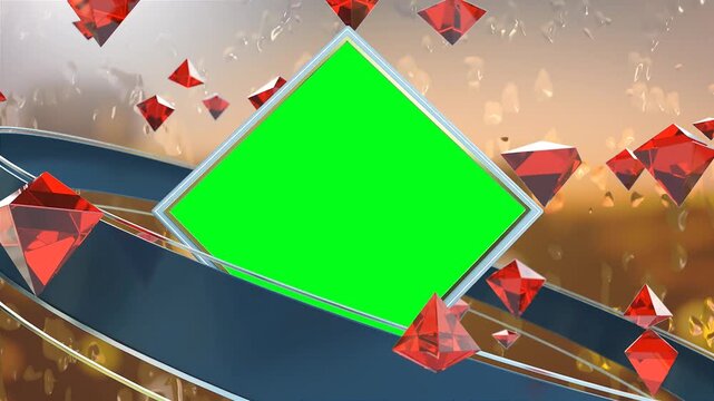 3D Diamond Chroma Key Green Screen Frame Overlay with Floating Red Pyramids and Rainy Glass Window Animation