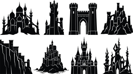 Obraz premium Set of fantasy castle silhouette illustrations with diverse designs