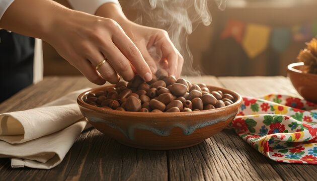 Woman serving traditional pinhao pine nuts from a rustic ceramic bowl for a festive Brazilian Festa Junina celebration concept, close-up with steam
