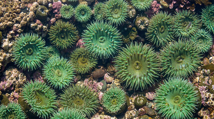 Fototapeta premium Bright Emerald Aquatic Anemones Blooming Gracefully Beneath The Surface Of An Isolated Rocky Tidal Basin