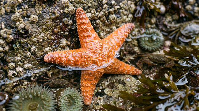 An Orange Starfish Clinging To A Wet Rock In A Tide Pool Tropical Marine Environment