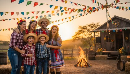 Fototapeta premium Cheerful Brazilian family enjoying traditional outdoor rural festival with bonfire and colorful flags, celebrating Festa Junina culture concept in the countryside