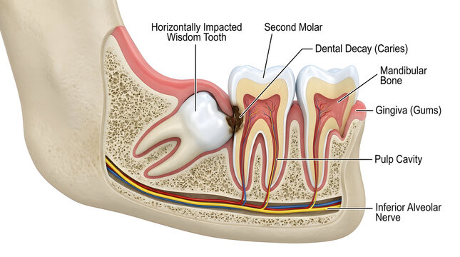 Impacted wisdom tooth causing decay in adjacent molar