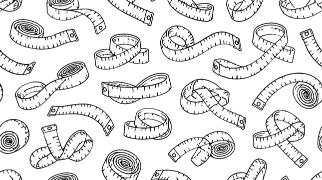 Repeating pattern of measuring tapes in black and white.