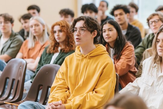 Diverse group of teenage students listening attentively in a warm classroom during a debate for education and school life imagery