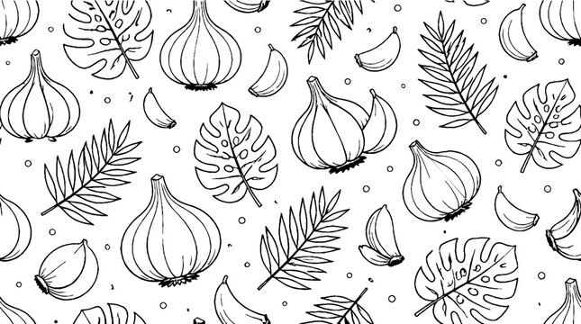 Detailed illustration of garlic and tropical leaves pattern.