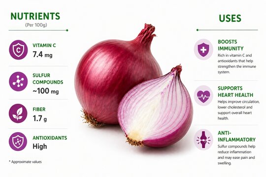A 3D semi-realistic bright image of a fresh onion centered with natural layers and soft shadows. On the left, list nutrients per 100g (vitamin C, sulfur compounds, fiber, antioxidants)
