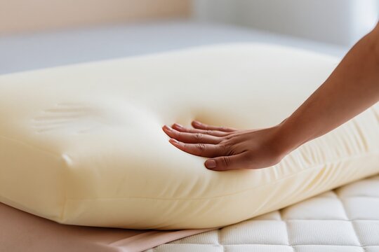 Hand pressing into an orthopedic memory foam pillow to test firmness, showing a soft buttery texture and handprint for bedding and wellness imagery