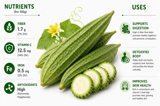 A 3D semi-realistic bright image of ridge gourd centered with ridged texture and clean background. On the left, list nutrients per 100g (fiber, vitamin C, iron, antioxidants). On the right uses