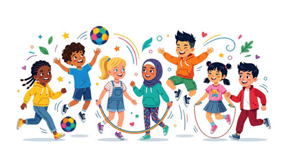 Fototapeta premium Diverse Children Playing Together Flat Vector Design