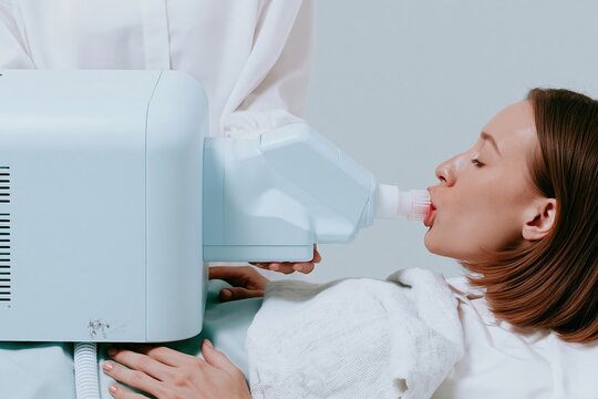 Patient blowing into a spirometry mouthpiece for a lung function test, showing a smooth plastic medical device and soft cool lighting for respiratory healthcare