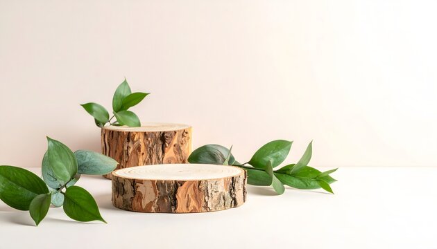 Rodajas de madera natural con hojas verdes sobre fondo claro en composici&oacute;n minimalista de decoraci&oacute;n ecol&oacute;gica