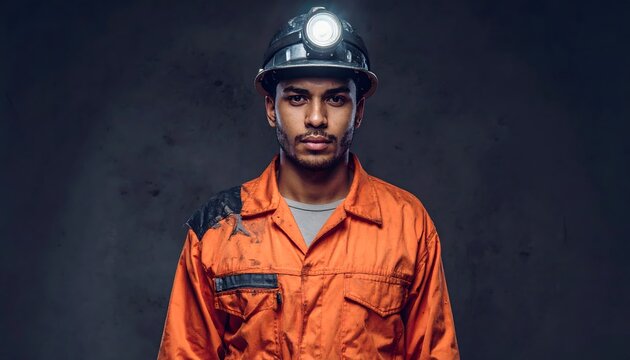 Retrato de trabajador industrial con casco y uniforme naranja sobre fondo oscuro en ambiente profesional de miner&iacute;a o construcci&oacute;n
