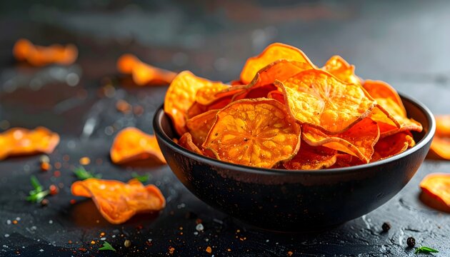 Bol de chips de boniato crujientes sobre superficie oscura en composici&oacute;n gastron&oacute;mica de aperitivo salado