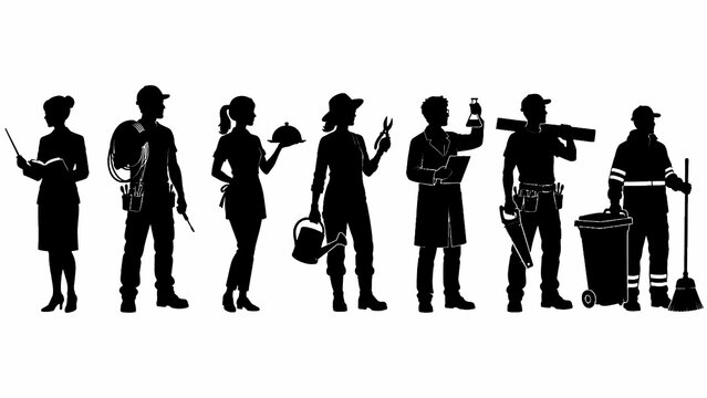 Group of Different Workers Standing Side by Side Black Silhouettes Isolated on White Background