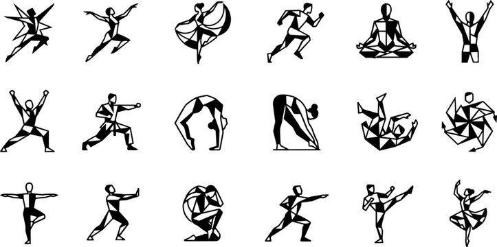 Set of 18 geometric action figures in polygonal style. Includes yoga poses, ballet dance, running, martial arts, meditation, gymnastics, stretching and victory poses.