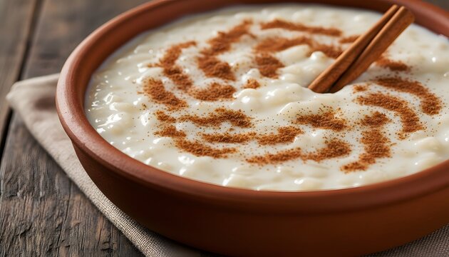 Macro shot of sweet rice pudding arroz doce with cinnamon in a clay bowl, a traditional dessert concept for Brazilian festa junina celebrations on a rustic wooden table