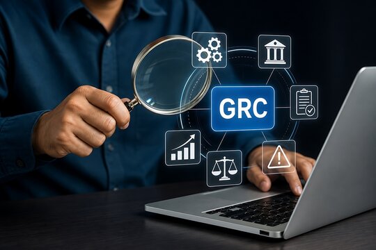 Businessman using magnifying glass to inspect grc compliance on laptop screen