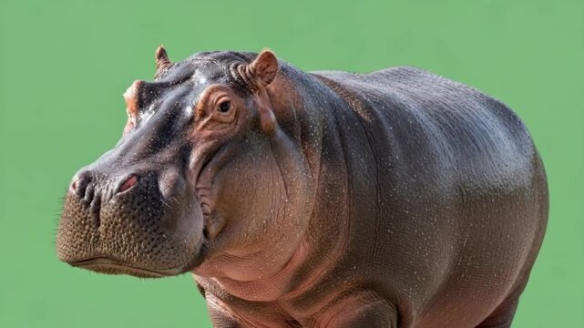 A close portrait of a majestic hippopotamus against a solid green background