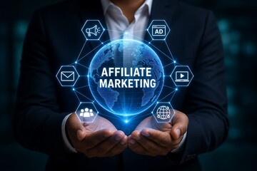 Obraz premium Businessman holding glowing digital affiliate marketing concept in hands