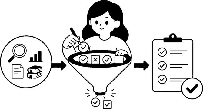 Woman filtering data with checklist and documents.