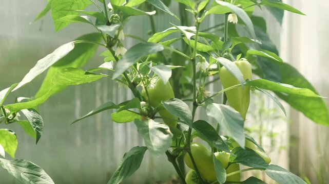 Sweet pepper plants with ripening fruits growing inside a greenhouse. Healthy vegetable crop cultivated for commercial farming, organic agriculture and fresh food production.