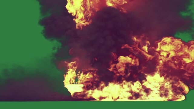 Fire is burning on large explosion of in the middle isolated on green screen background