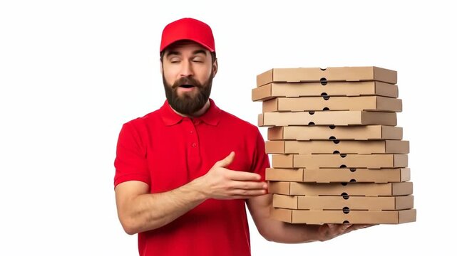 Excited pizza delivery man holding a tall stack of cardboard pizza boxes