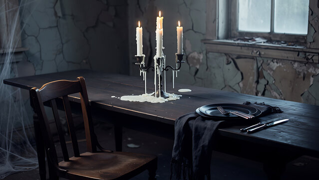 Candelabra with burning candles on wooden table in abandoned room. Served plate with cutlery on dark background. Scary interior for Halloween dinner party, dark mysterious house.