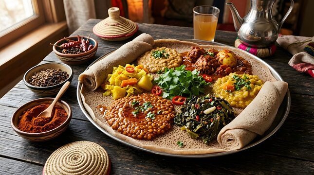 Traditional ethiopian platter with injera and assorted stews