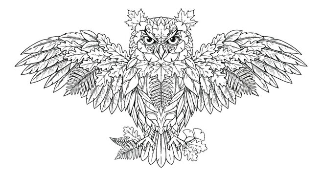 Intricate owl coloring page vector, majestic bird of prey with wings spread, floral leaf pattern owl illustration for adult relaxation and art therapy