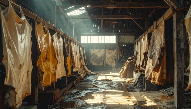 Abandoned industrial warehouse with rusted metal beams and machinery.