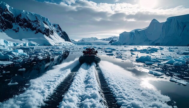 Aerial view of snowy mountain peak with winding road.