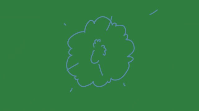 Blue line drawing of flower and brain on background tree cloud isolated on green screen background