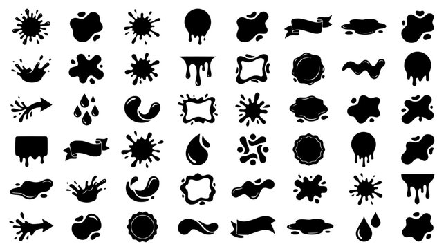 Black Liquid Shape Icon Set with Fluid Blobs Splash Symbols and Organic Text Frame Elements Vector