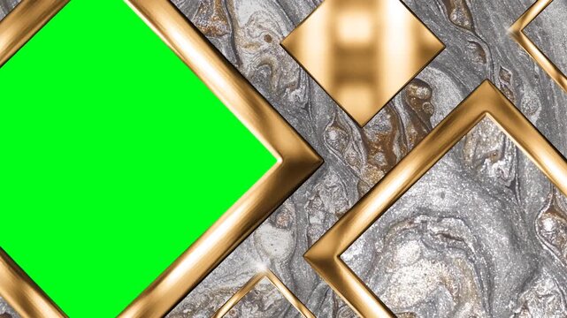 Luxury Golden Square Photo Frames Motion with Green Screen Display Key over Elegant Silver and Gold Liquid Marble Textured Backdrop Template