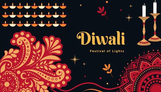 Diwali Festival of Lights, Indian Celebration, Vector Illustration, Gold and Red Decorations