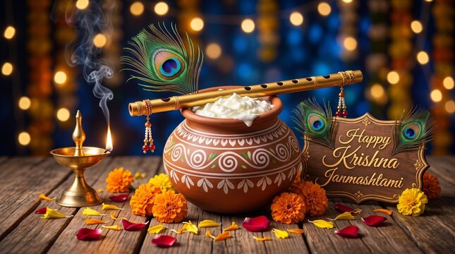 Happy Krishna Janmashtami festive greeting banner with dahi handi pot full of butter, golden flute, peacock feather, and burning brass diya on a wooden table illustration.

