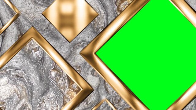Luxury Golden Diamond Photo Frame Slideshow with Green Screen Insert over Silver and Gold Liquid Marble Textured Painting Background