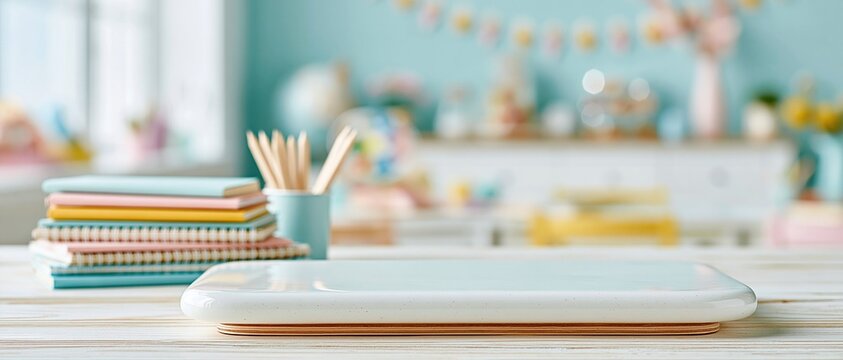 Empty white tabletop for product display with a stack of colorful notebooks and pencils in a bright blurred classroom for education marketing