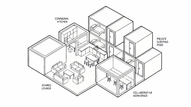 Isometric office interior layout with labeled zones.