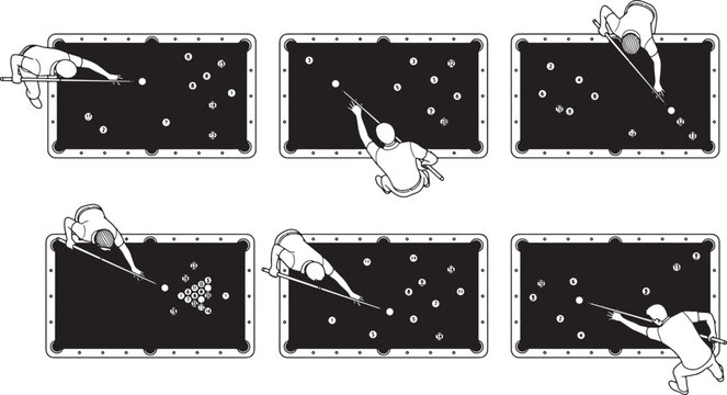 Billiards player positions and pool table shots set showing overhead view of game techniques in vector illustration