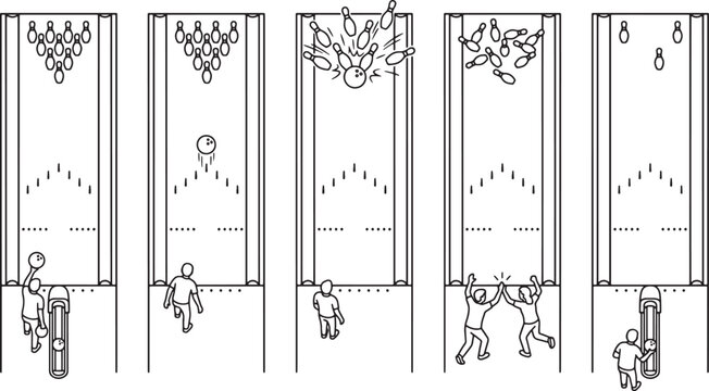 Bowling game process sequence with people throwing ball and hitting pins in a simple line art style