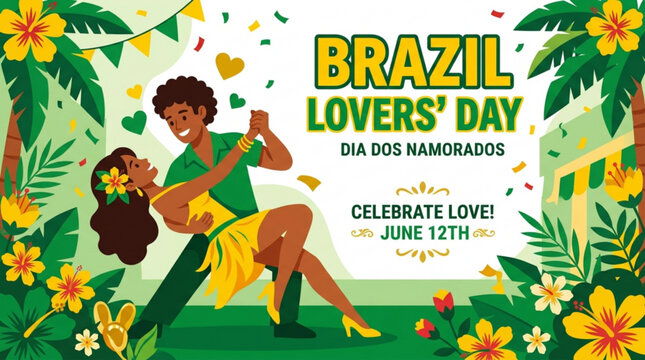 Brazil Lovers' Day, romantic couple dancing, festive illustration, love celebration, June 12th