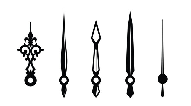 Vintage clock hands collection, set of five black watch hand silhouettes. Antique timepiece pointers, mechanical clockwork parts vector icons.