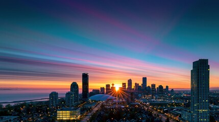 Fototapeta premium Serene sunrise over a city skyline with vibrant pastel gradient sky and glowing sunburst for morning travel and urban lifestyle concepts