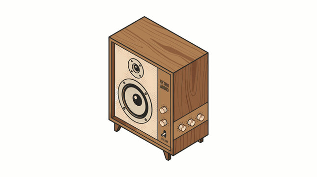 Retro Audio Speaker Isometric Illustration with Wood Texture and Knobs