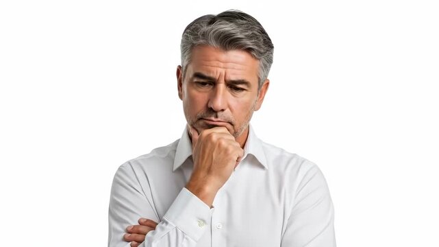 A contemplative mature man wearing a white shirt looking up in deep thought